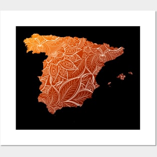 Colorful mandala art map of Spain with text in brown and orange Posters and Art